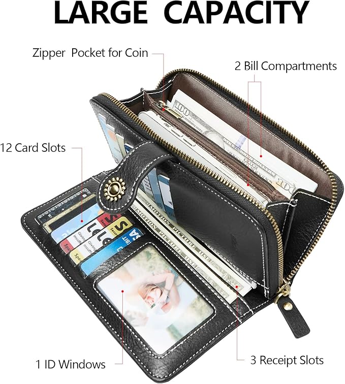 TFKGS Wallet for Women RFID Blocking Leather Large Capacity Card Holder Ladies Phone Clutch Travel Long Purse Wristlet | RFID Blocking, Leather, Large Capacity, Ladies, Travel