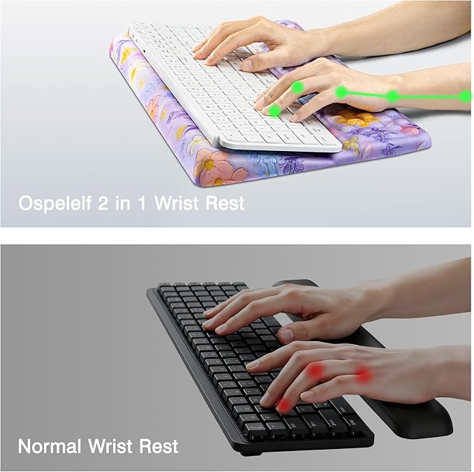 Ospelelf Keyboard Wrist Rest, Ergonomic Memory Foam Wrist Support for Typing & Gaming, Tilted Keyboard Stand Pad, Relief for Wrist Pain, Aesthetic Desk Accessories for Office, Purple Flower