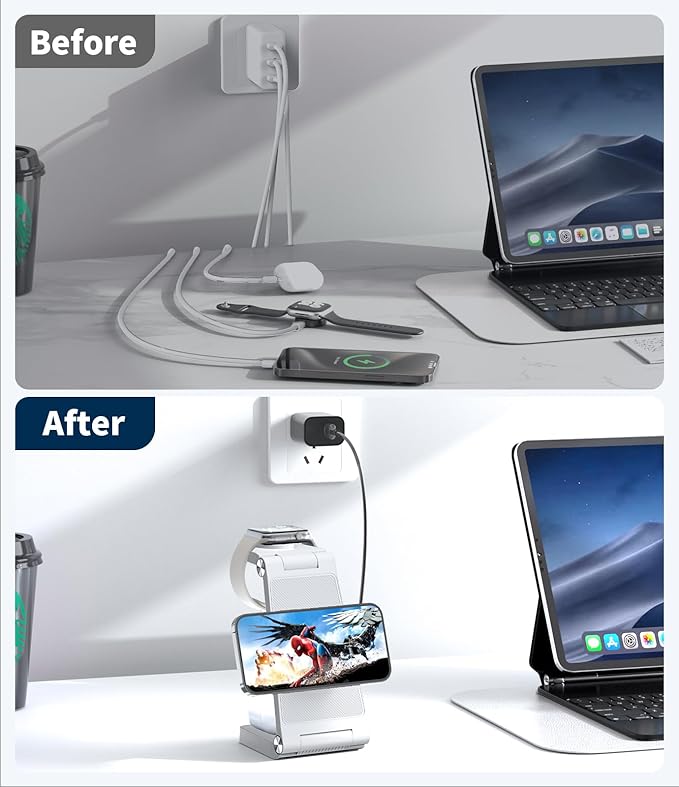 3-in-1 Magnetic Wireless Charging Station, Fast Max Charging for Smartphone, Watch & TWS, Space-Saving Multi-Device Charger Stand (White)