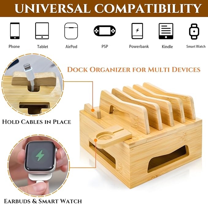 Bamboo Charging Station for Multi Devices, Small Desktop Docking Stand, Cell Phone Docking Station Charger Organizer for Tablets, Smart Watch (No USB Charger No Charging Cables)