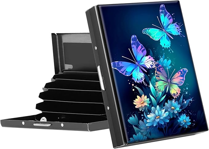 RFID Blocking Credit Card Holder - Slim Metal Wallet for Women & Men,Blue Butterflies Flowers Design Stainless Steel Business Card Case,Compact Pocket Organizer for Travel & Daily Use