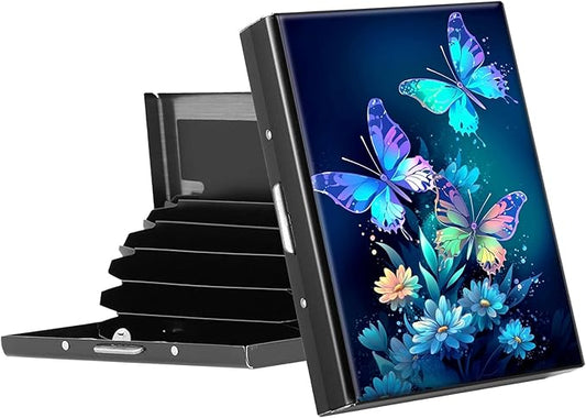 RFID Blocking Credit Card Holder - Slim Metal Wallet for Women & Men,Blue Butterflies Flowers Design Stainless Steel Business Card Case,Compact Pocket Organizer for Travel & Daily Use