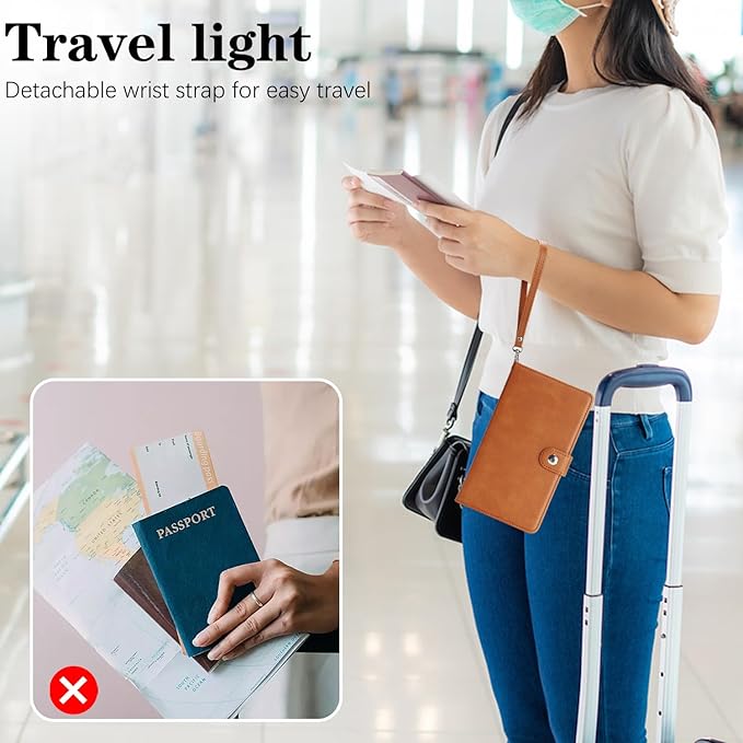 Passport Holder for Travel Essentials, RFID Blocking PU Leather Wallet Cover with Wristlet Strap Magnetic Closure Passport Book Holders Case for Women and Men, Brown