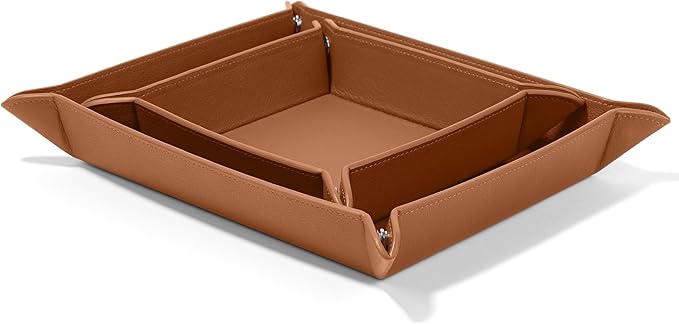 Leatherology Cognac Leather Valet Tray Set – Rectangle & Square Catchall Trays with Snap Construction, Travel-Friendly Design & Stitched Edges – Desk or Dresser Organizer