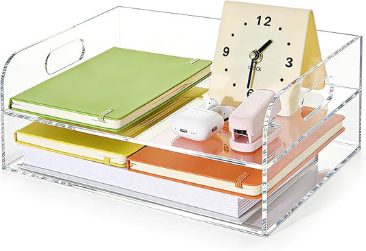 2-Tier Clear Acrylic Paper Trays, Desk File Organizer, A4 Paper Holder, Low-Profile Desk File Sorter for Office/Home, Clear Stackable Letter Tray for Bills, Crafts, Notebooks - Horizontal