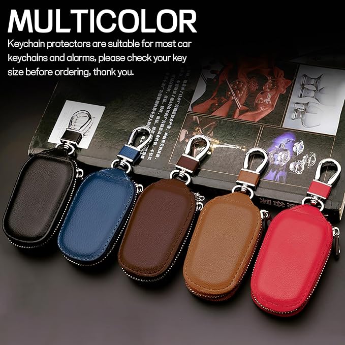 Car Key Case, Genuine Leather Auto Key Fob Protector, Universal Key Fob Cover Case with Metal Hook, Car Smart Keychain Holder for Remote Key Fob, Vehicle Keyring Zipper Bag (Red)
