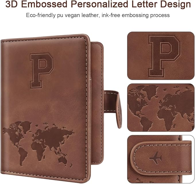 Passport Holder Cover Personalized Initial Letter A-Z Travel Wallet RFID Blocking Passport Cover Passport Book Holders for Women and Men, Brown-P