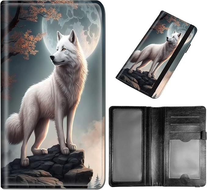 Checkbook Cover - PU Leather Standard Duplicate Register Check Card Book Holder Wallet with RFID Blocking Function for Girl Men Women, White Wolf