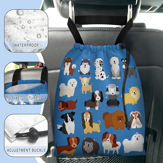 Car Trash Bag Hanging Back of Seat Waterproof Small Cute Printed One-Handed Strap Drawstring Garbage Bags for Car-Cute Animal Dogs