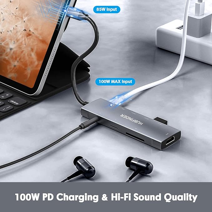 USB C Hub, HUBFINDER 9 in 1 USBC to HDMI with 4K, 100W Power Delivery, 3 USB3.0 and USB-C 5 Gbps Data Ports, SD/TF Card Reader, 3.5mm Headphone Jack, for MacBook Air, MacBook Pro,iPad Pro