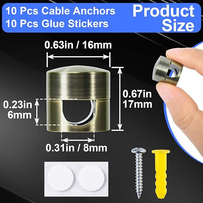 10 Sets Charger Holders for Cords, Antique Copper Color Adjustable Cable Anchor Holders, Adhesive Metal Cord Clips, Cable Management Wire Organizers for Desk, Office, Nightstand