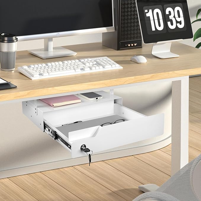 Under Desk Drawer Storage with Lock, Metal Undermount Table Drawer, Ball Bearing Slides Out Tray Organizer for Paper, Pencil, and Laptop 17.3"x11.8"x5.4", White with Adjustable Brackets
