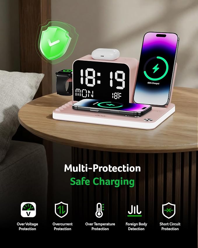 Acer 7-in-1 Wireless Charging Station with LED Clock - 30W Fast Wireless Charger for iPhone 16/15/14/13/12/Pro Max, Apple Watch, AirPods - Bluetooth Auto Time Sync & Night Lights (Pink)