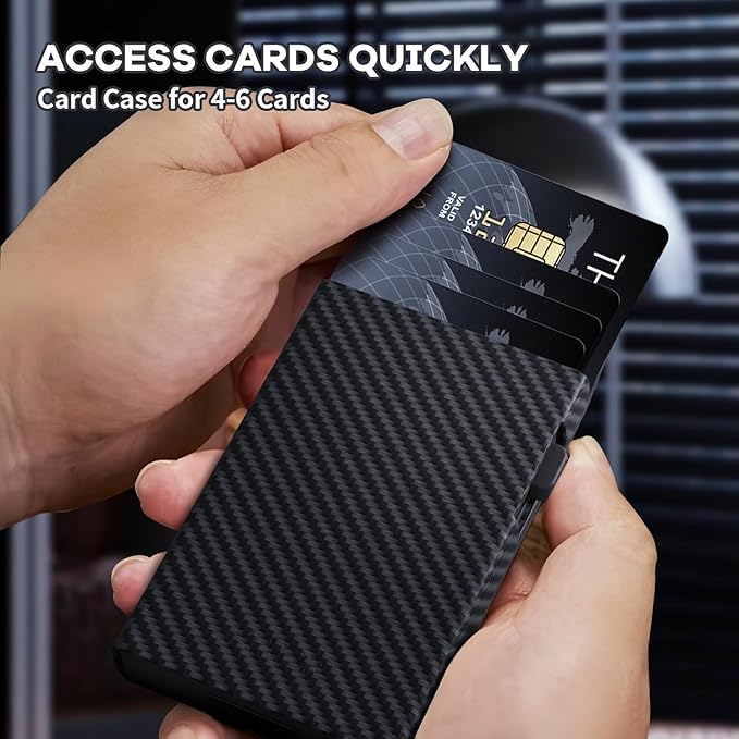 Wallet for Men, Gift Boxed Slim Minimalist Wallet for Men with Money Clip and Genuine Leather Slots RFID Blocking Pop Up Metal Aluminum Smart Wallet Card Case (Carbon Fibre Black)