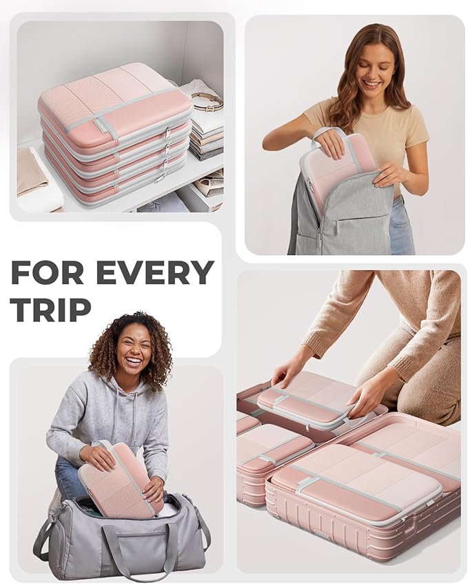 Percover Compression Packing Cubes 8-Piece Set, Packing Cubes Compression for Travel with Laundry Bag & Shoe Bag, Travel Organizer for Carry On & Checked Luggage, Pink