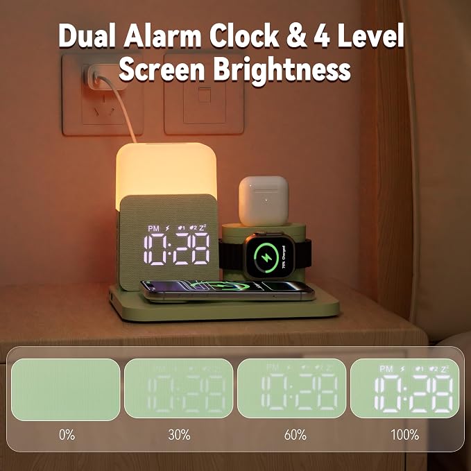7 in 1 Wireless Charging Station, Magnetic 25W Fast Charger with Alarm Clock & Night Light, Bedside Charging Stand for iPhone 17 16 15 14 13 12 Pro Max, Apple Watch, AirPods, Bedroom