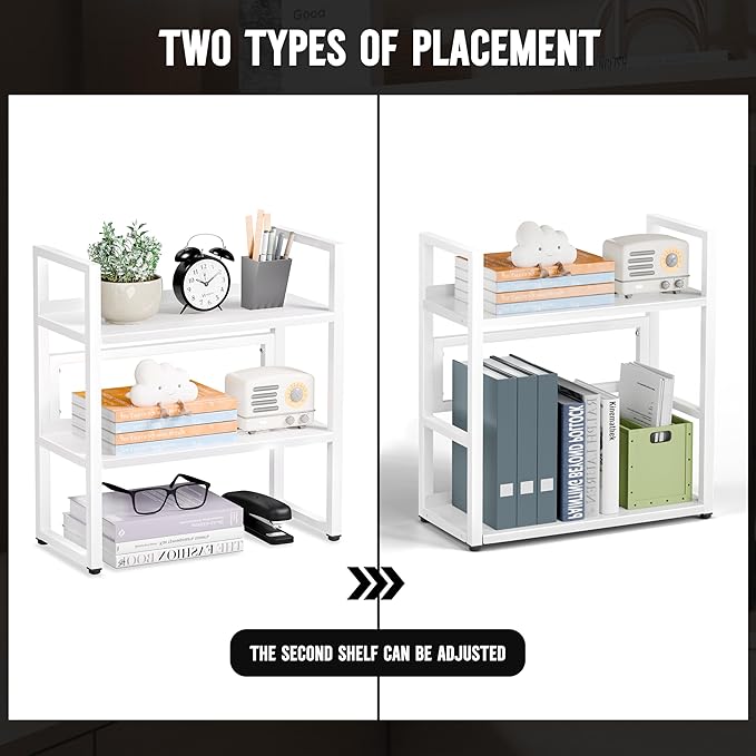 Brakki Desk Shelf Organizer, Adjustable 2 Tier Metal Desktop Shelves, Desktop Bookshelf Organization with Foot Mat, Multi-Functional Small Storage Rack for Office Dorm Home, White