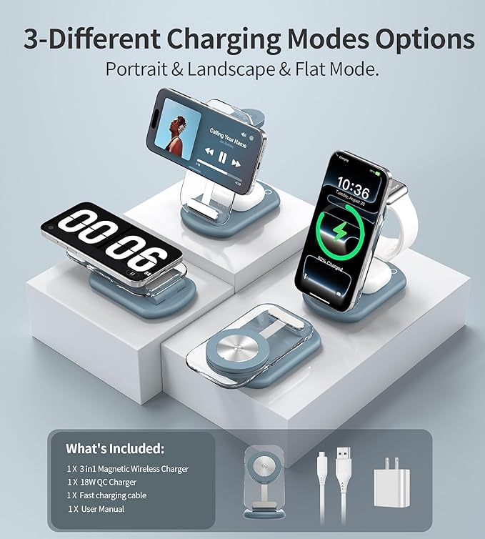 3 in 1 Magnetic Wireless Charging Station for Apple Devices, Fast Foldable Travel Mag-Safe Charger Stand with Night Light for iPhone 17 16 15 14 13 12 Series, Apple Watch/AirPods Pro, LB