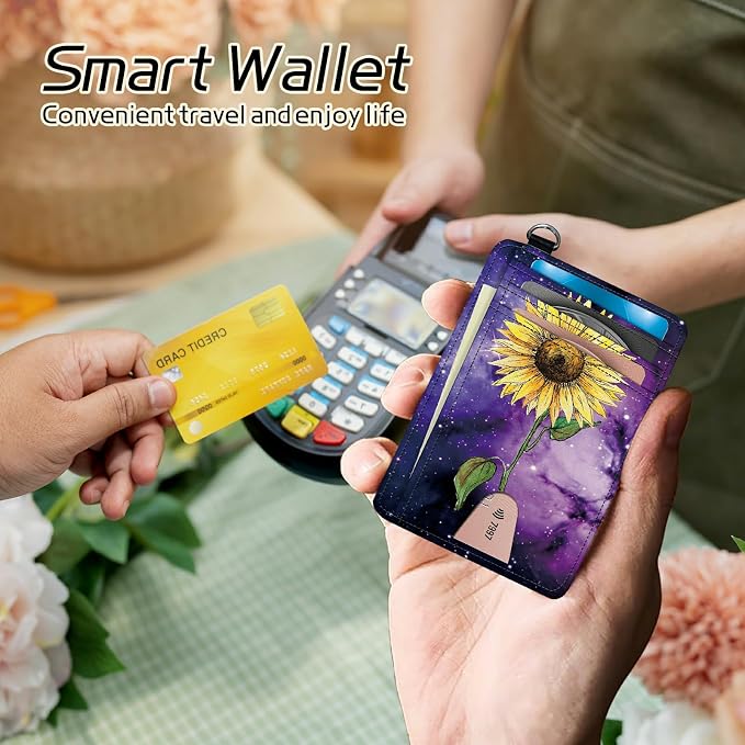 Small Travel Wallets, Sunflower Yellow Purple Galaxy Slim Minimalist Front Pocket Wallet with Wristlet, RFID Blocking PU Leather Credit Card Holder with ID Window Change Purse for Men Women