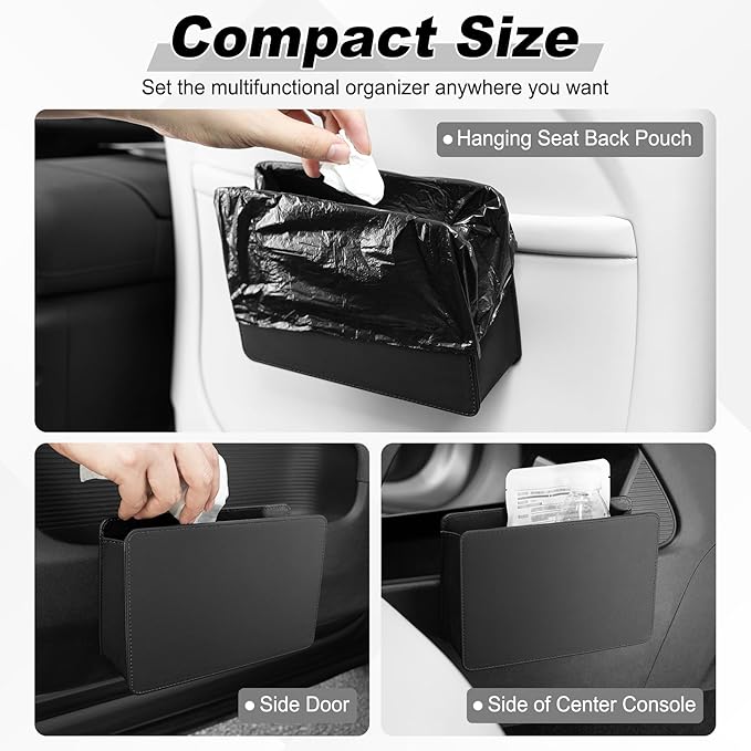 SINGARO Car Door Trash Can, Leather Vehicle Trash Bin, Mini Dustbin Garbage Container Can with 30 Pcs Trash Bags, Foldable Car Storage Bag Organizer, Car Accessories Interior for Women Men, Black