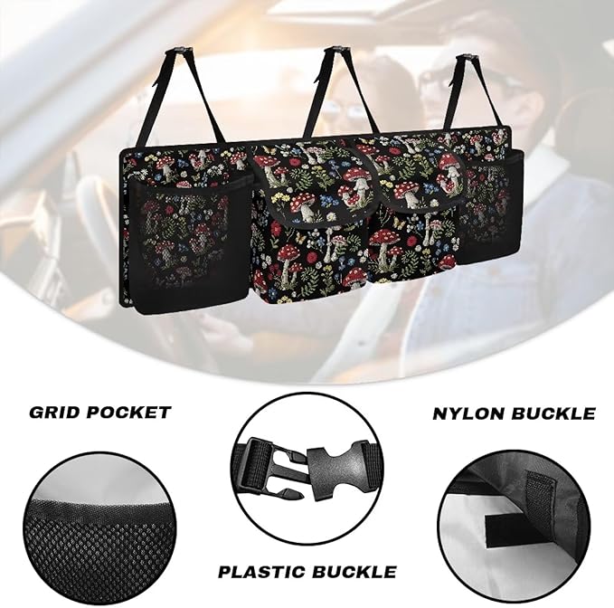 Mushroom Designs Car Trunk Organizer Hanging Car Back Seat Storage Bag with 4 Large Pockets Multipurpose Collapsible Storage Bag Automotive Interior Accessories