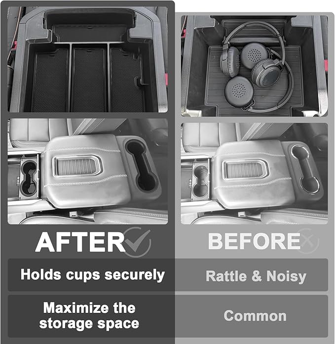 Muslogy Center Console Organizer & Cup Holder Inserts Compatible with 2021-2025 2026 GMC Yukon Chevy Tahoe Suburban Accessories Front & Rear Drink Holder & Armrest Storage Box(Power Sliding Console)