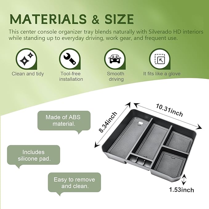 HGWEI Center Console Organizer Compatible with 2024-2026 Chevy Silverado 2500 HD/3500HD Interior Accessories, Armrest Compartment Divider Insert Storage Tray (Fit Full Console w/Bucket Seats Only)