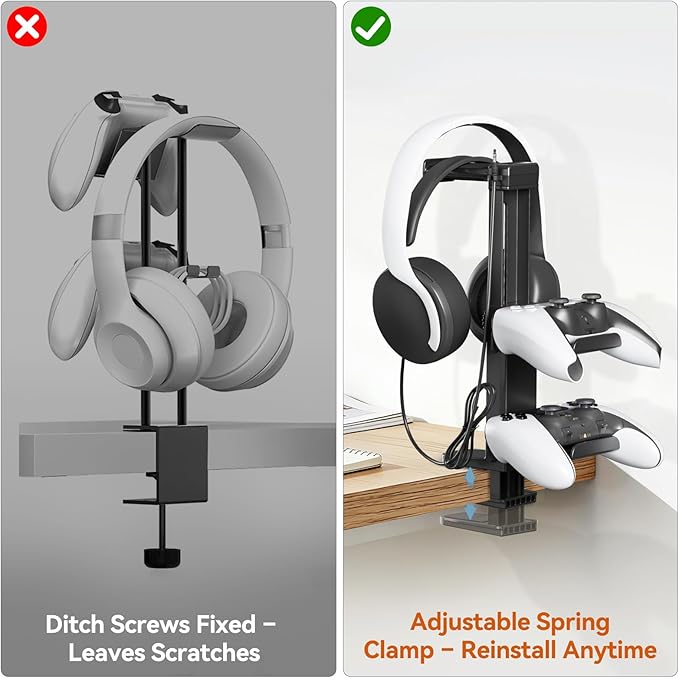 Headphone Stand & Under Desk Controller Holder with Adjustable Clamp, Controller Stand & Headset hanger for Desk Mount with 360° Rotating Hook & Cable Organizer 3-in-1 Game Organizer, 3 Hooks