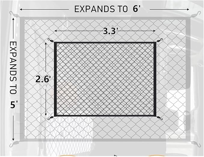 Cargo Net for SUV with Hooks, Adjustable Highly Elastic Storage Organizer Net for Car, Pickup Trucks,Mesh Organizer 2.6'x3.3' Stretches to 5'x6',Road Trip Essentials Black