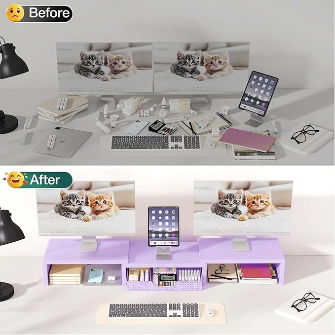 OPNICE Dual Computer Monitor Stand Riser with Drawer, Workspace Desk Organizer, Office Supplies Desk Accessories for Women, Purple