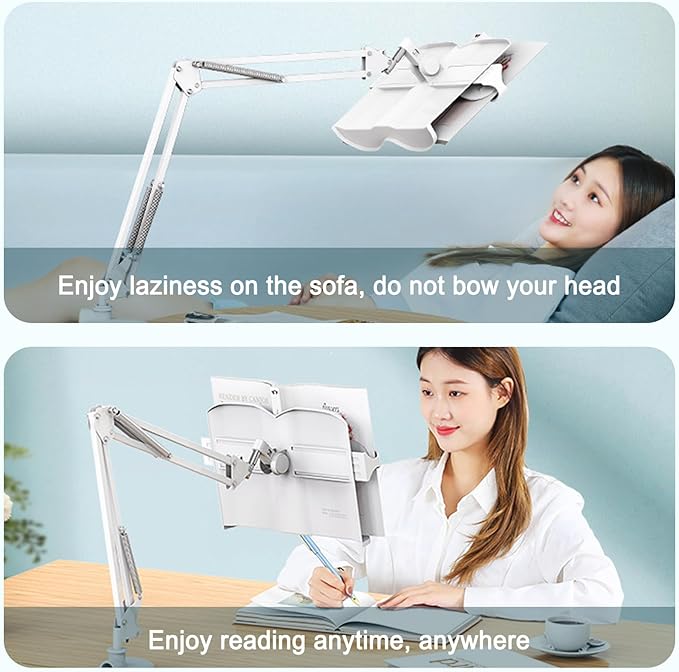 Buhelyc Book Stand for Reading, Desktop Reading Mount Holder with Clamp, Table Side Design, Height Adjustable, 180° Adjustable, Sturdy Page Clips, Metal Material for Workers, College Students