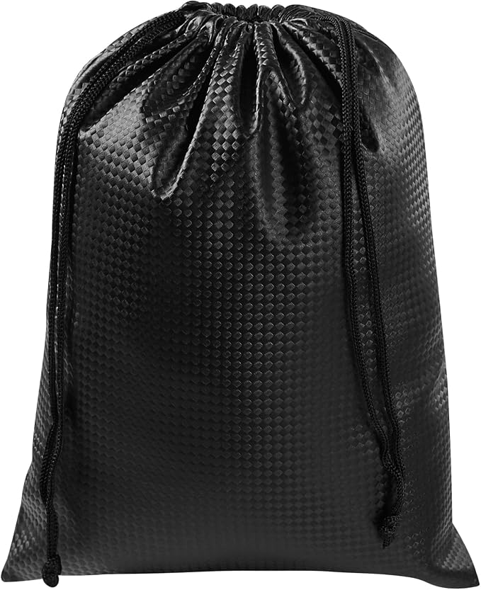 PALTERWEAR Tech-Weave PU-Coated Drawstring Bags (Set of 5) Water-Resistant, Directional-Stretch Travel Organizers for Gym, Beauty, Tech Gear - Strong Wipe-Clean (Black 3D, 7 x 9 In)