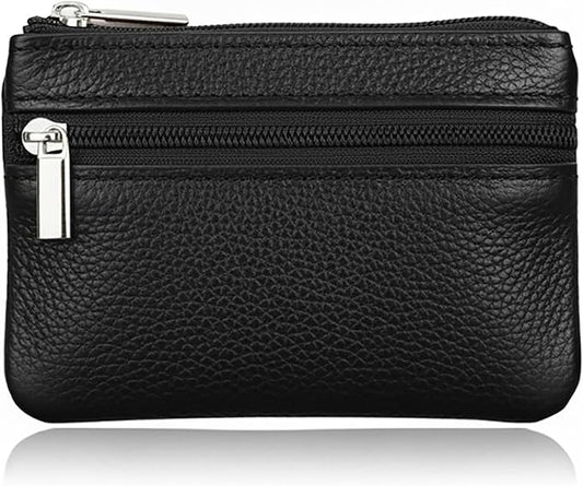 Hibate Black Small Mini Size Leather Coin Purse Change Pouch for Women Men Kids with Zip Key Ring