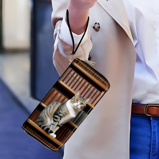 Women's Large Capacity Wallet PU Leather Double Zipper Clutch Purse Multifunctional Wallet with Removable Wristlet Strap for Smart Phone/Coin/Card/Cash, Cat On Bookshelf
