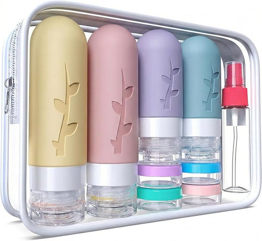 DEPOZA Travel Bottles Kit (16 Pack) - TSA Approved, Leak Proof Silicone Squeezable Containers for Toiletries. Complete Set with Jars, Sprayers & Bag (Light Purple)