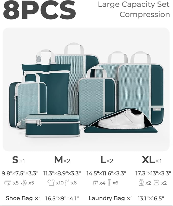Percover Compression Packing Cubes 8-Piece Set, Packing Cubes Compression for Travel with Laundry Bag & Shoe Bag, Travel Organizer for Carry On & Checked Luggage, Peacock Green