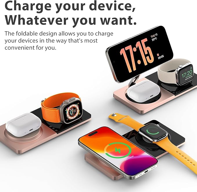 3 in 1 Charging Station for Apple Devices: Mag-Safe Charger Stand Fast Charging, Wireless Charger for iPhone 17 Air 16 15 14 13 12 Series, Apple Watch Series 1-9/Ultra, AirPods Pro (Golden)