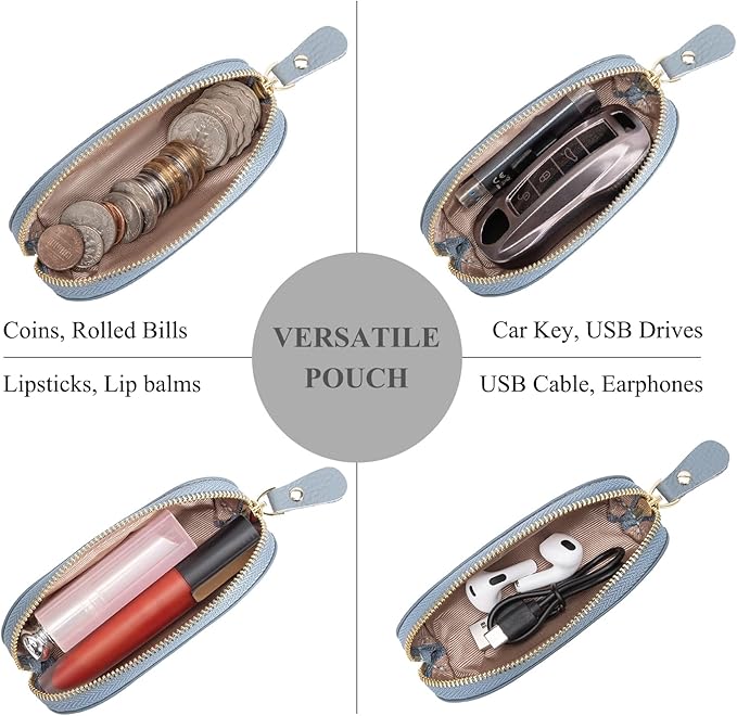 Full Grain Leather Coin Pouch - Travel Small Coin Purse with Zipper - Mini Key Pouch Change Purse for Women and Men (Powder Blue)