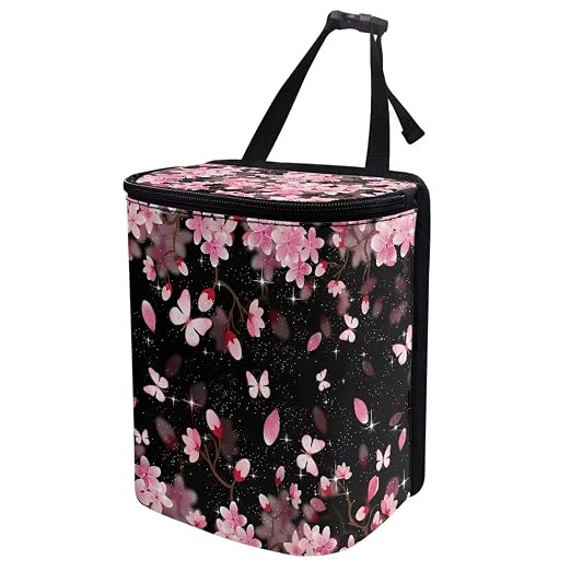 Biyejit Car Trash Can with Lid Collapsible Reusable Waterproof Car Garage Bag, Automotive Garbage Can, Car Accessories Interior Car Organizer with Adjustable Straps, Cherry Blossom Butterfly