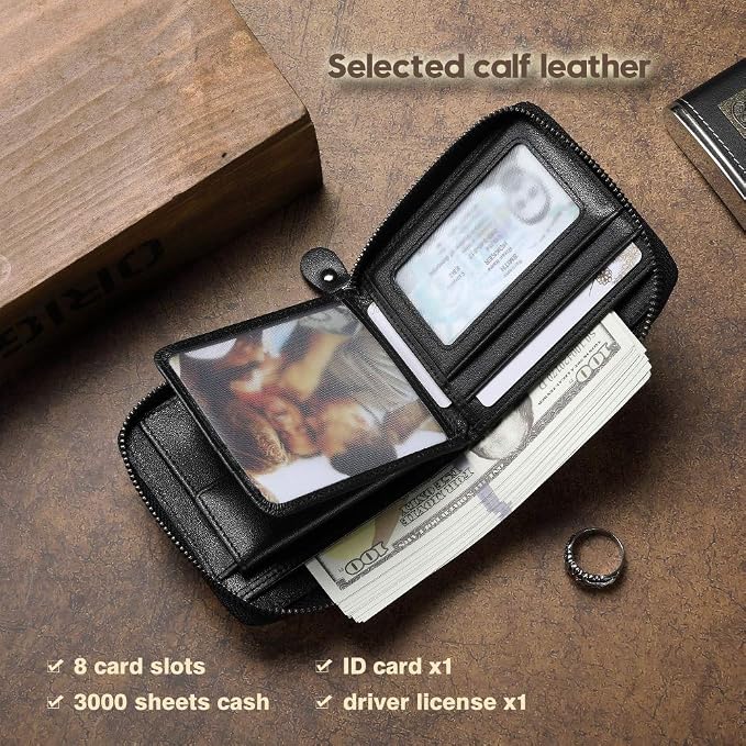 Mens Genuine Leather Zipper Wallet RFID Secure Large Capacity Double Fold Multi-card Leather Wallets for Men and coin purse