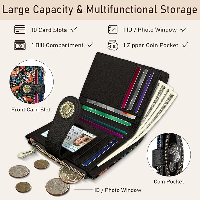 Kelvoris Cute Floral Fox Flowers Boho Small Rfid Women Wallet Bifold Zipper Coin Pocket PU Leather Compact Cash Credit Card Holder Travel Wallet for Female Ladies Teen Girls 1 ID Window 10 Card Slots