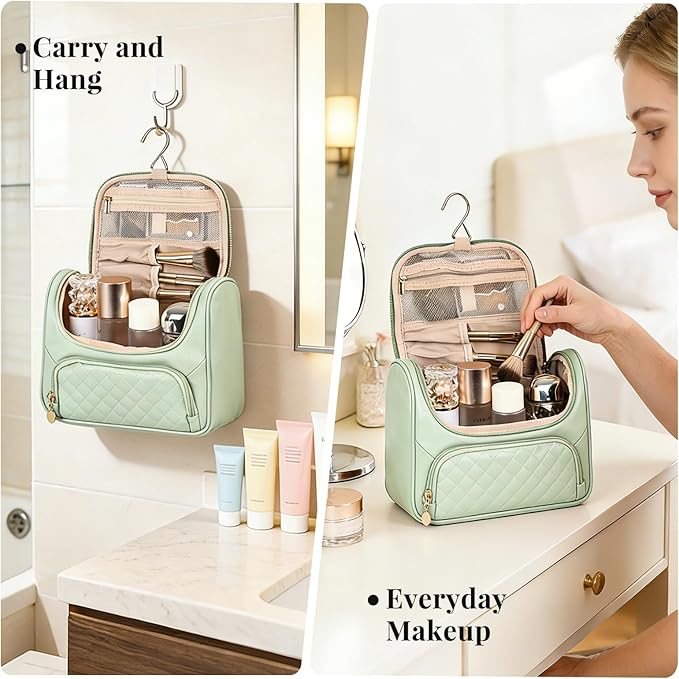 Greenfeather Cosmetic Bags for Women，Hanging Toiletry Bag with Makeup Brush Womens Travel Toiletry Bag for Women Essentials Travel Organizer for Full Sized Cosmetics and Toiletries Green