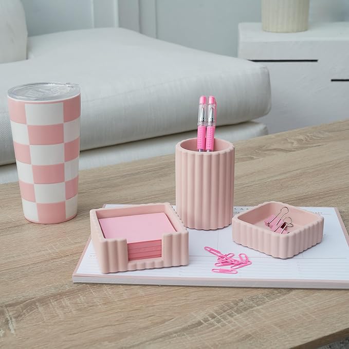 KIBAGA Modern Aesthetic Desk Accessories Set of 3 - Stylish Pink Concrete Organizers for Pens & Office Supplies - A Cute and Functional Addition to Your Workspace Decor