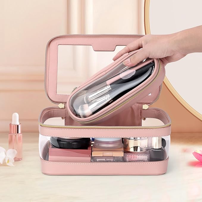 Soimeat Travel Clear Makeup Bag with Makeup Brush Bag, Leather Makeup Case Toiletry Bag, Portable Cosmetic Bag Case, Transparent Waterproof Cosmetic Organizer Storage Bag for Women, Pink