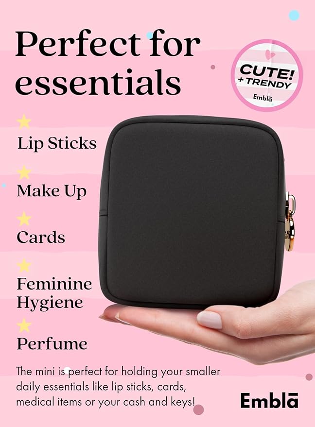 Embla Small Makeup Bag for Purse, Mini Waterproof Nylon Cosmetic Pouch, Durable and Lightweight Travel Toiletry Bag with Smooth Zipper, Black