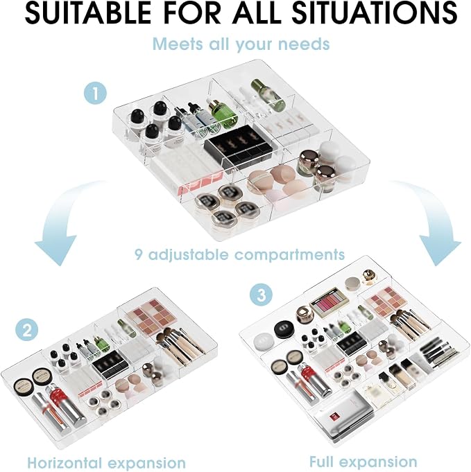 Expandable Drawer Organizer, Width (10.6"-20.1") Depth (11"-20.1"), Clear Makeup Drawer Organizer with 6 Removable Dividers, Silverware Organizer, Great for kitchen and Bathroom Drawers