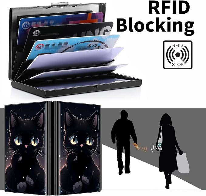 Metal Wallet for Women Men Girls, RFID Blocking Slim Aluminum Credit Card Holder, Mini Travel Wallet with Hard Shell, Lightweight ID & Business Card Case,Cute Black Cat