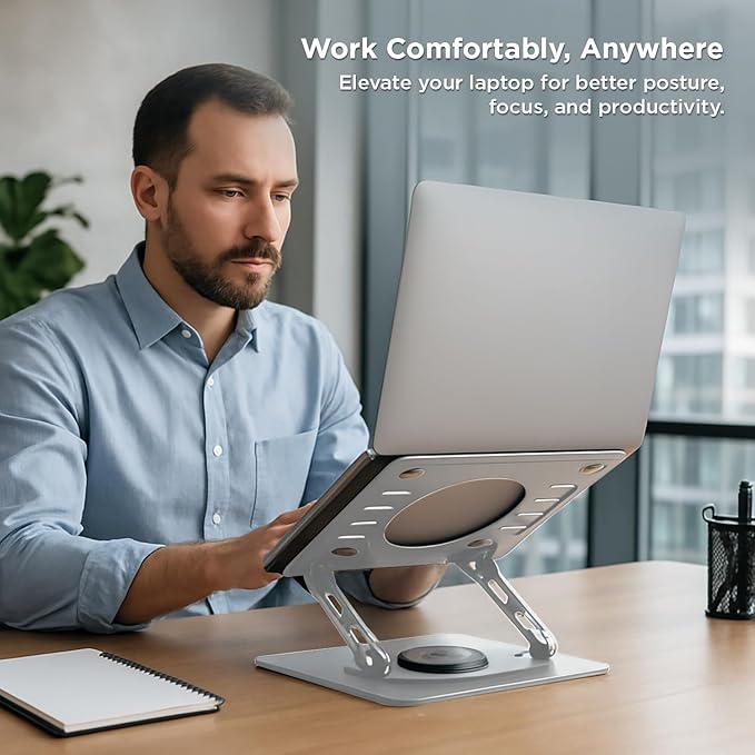 Uncaged Ergonomics Swivel Laptop Stand for Desk, Adjustable Computer iPad Stand for Desk w/ 360 Rotation, Portable Laptop Holder for Home Office Ergonomic Supplies
