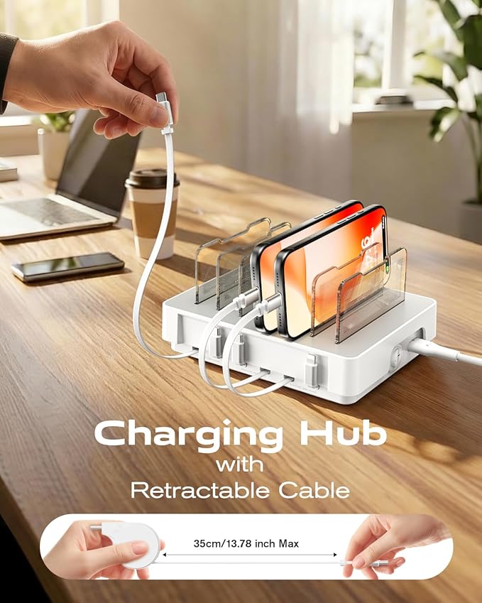 SooPii HomeHub H1 Charging Station for multiple devices,Upgraded 6-Port Desktop Fast Charger with 6 Retractable Cablesï¼?*C+2*iPï¼?60W PD charger station for iPhone/Tablet,Tangle-Free Charging Organizer