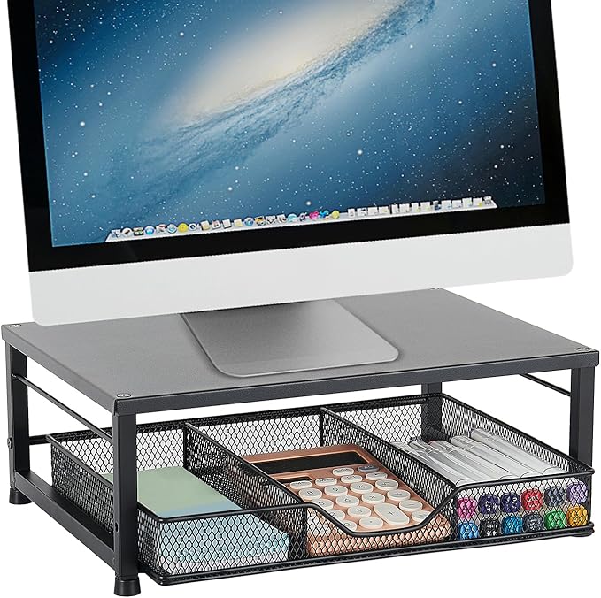 Small Laptop Stand for Desk, Monitor Stand Riser, Desk Organizer for Office Organization, Office Desk Accessories, Computer Desktop Stand with Drawer for Home, Office, School (Black)